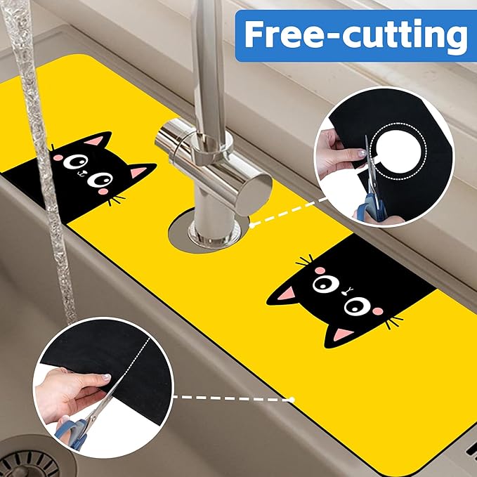 Cute Black Cat Head Kitchen Sink Splash Guard Mat Absorbent Fast Drying Mat