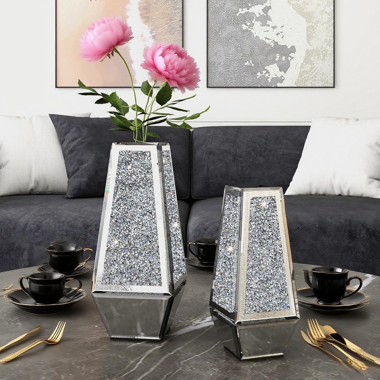 SHYFOY Crushed Diamond Mirrored Vases Set of 2, Silver Glass Flower Vases for Table Home Decor Crystal Vase for Dried Flowers Centerpieces - Can’t Hold Water