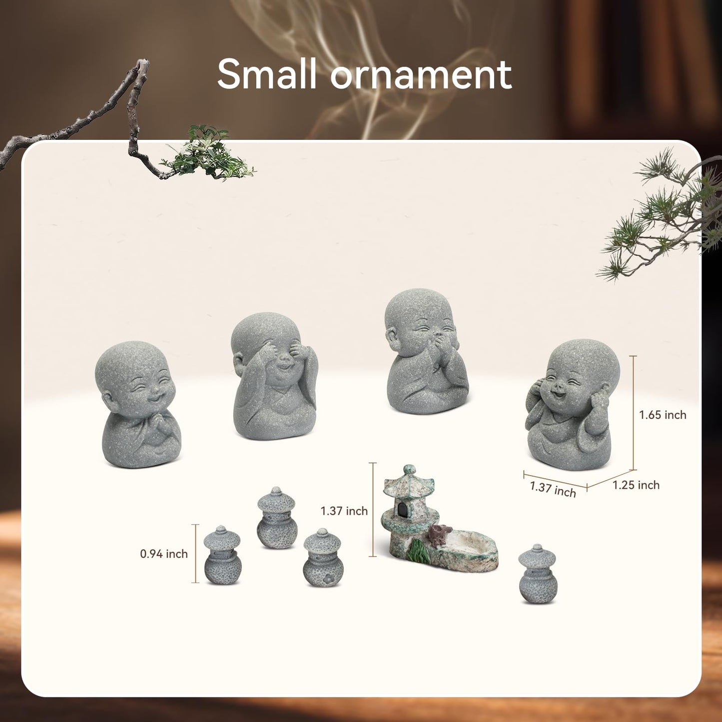 Laughing Buddha Statue Zen Set 4 Pcs with Wood Base, Lotus Incense Burner, Copper Incense Holder, Incense Sticks & Cleaning Brush All in One Feng Shui Decor for Home, Meditation, Desk & Spiritual Gift