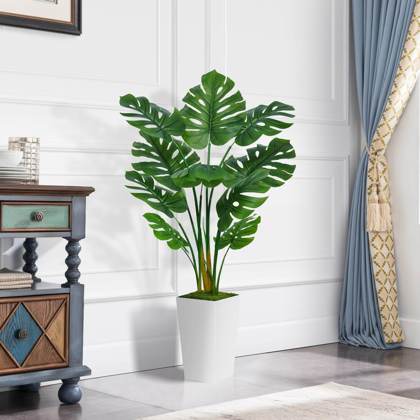 ASTIDY Artificial Monstera Deliciosa Plant 5FT - Faux Tropical Palm Tree with White Tall Planter - Fake Swiss Cheese Floor Plant Potted - Artificial Tree for Home Office Living Room Decor Indoor