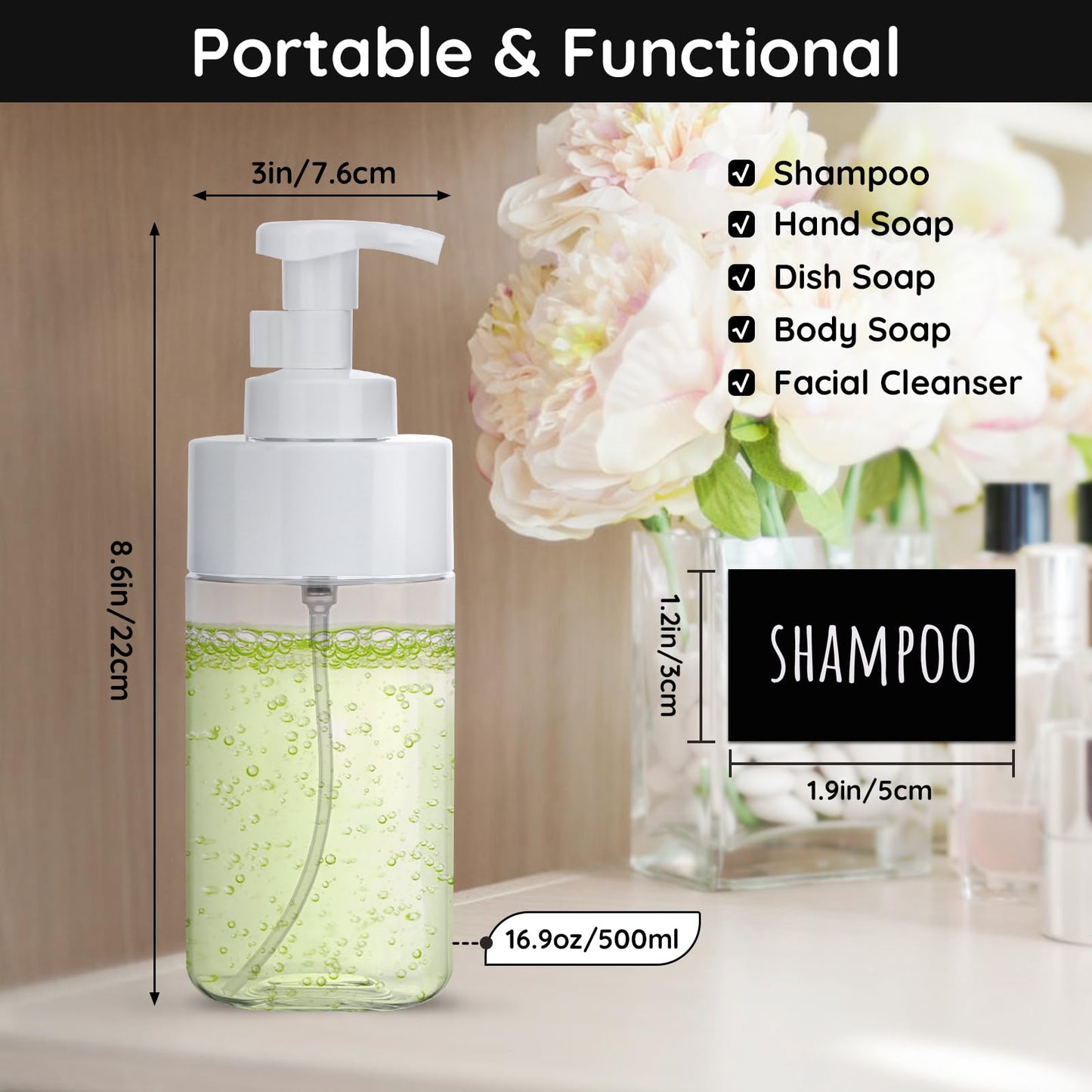 Segbeauty 16.9oz Clear Foam Soap Dispenser, 2pcs Refillable Plastic Foaming Hand Soap Dispenser, 500ml Empty Bathroom Foam Pump Dispensers Set Foaming Pump Bottle for Shampoo Lotion Liquids
