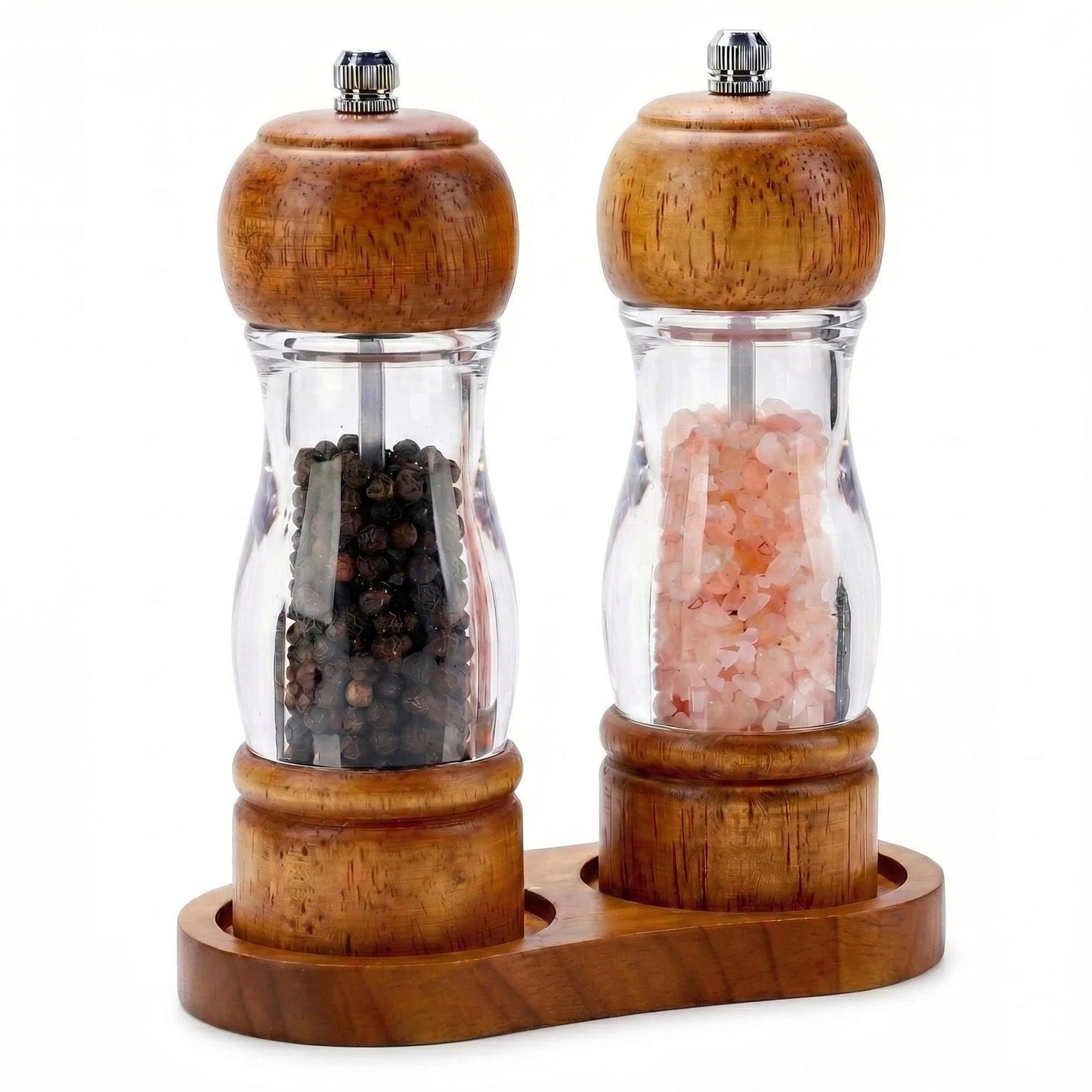 Dzmbv Wooden Salt and Pepper Grinder Set with Tray - 6.3 Inch Refillable Manual Pepper Mill & Sea Salt Grinder, Acrylic Window, Adjustable Ceramic Rotor for Peppercorns, House Warming Gifts