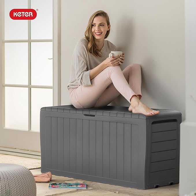 Keter Marvel Plus 71 Gallon Resin Outdoor Storage Box for Patio, Balcony & Garden – Weather‑Resistant Deck Box for Cushions, Pillows, Pool Floats & Tools, Light Grey