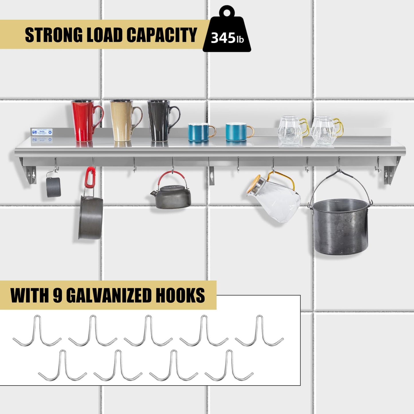 Hally Stainless Steel Shelf with 9 Hooks 12" x 72" Wall Mounted Pot Rack 345lb, NSF Commercial Floating Shelving for Storage Hanging Pots, Pans, cookware in Restaurant, Kitchen, Home and Hotel