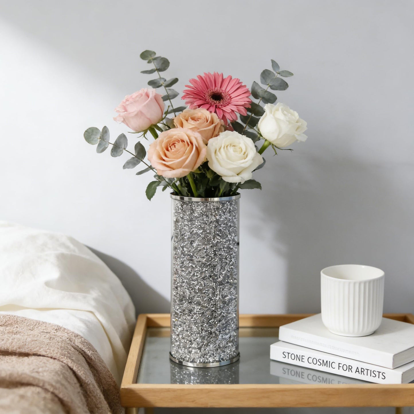 Silver Crystal Flower Vase, 10" Large Crushed Diamond Vase, Shiny Round Modern Luxury Decorative Glass Vases for Home Decor, Dining Table, Bathroom, Bedroom, Sofa Table, Wedding