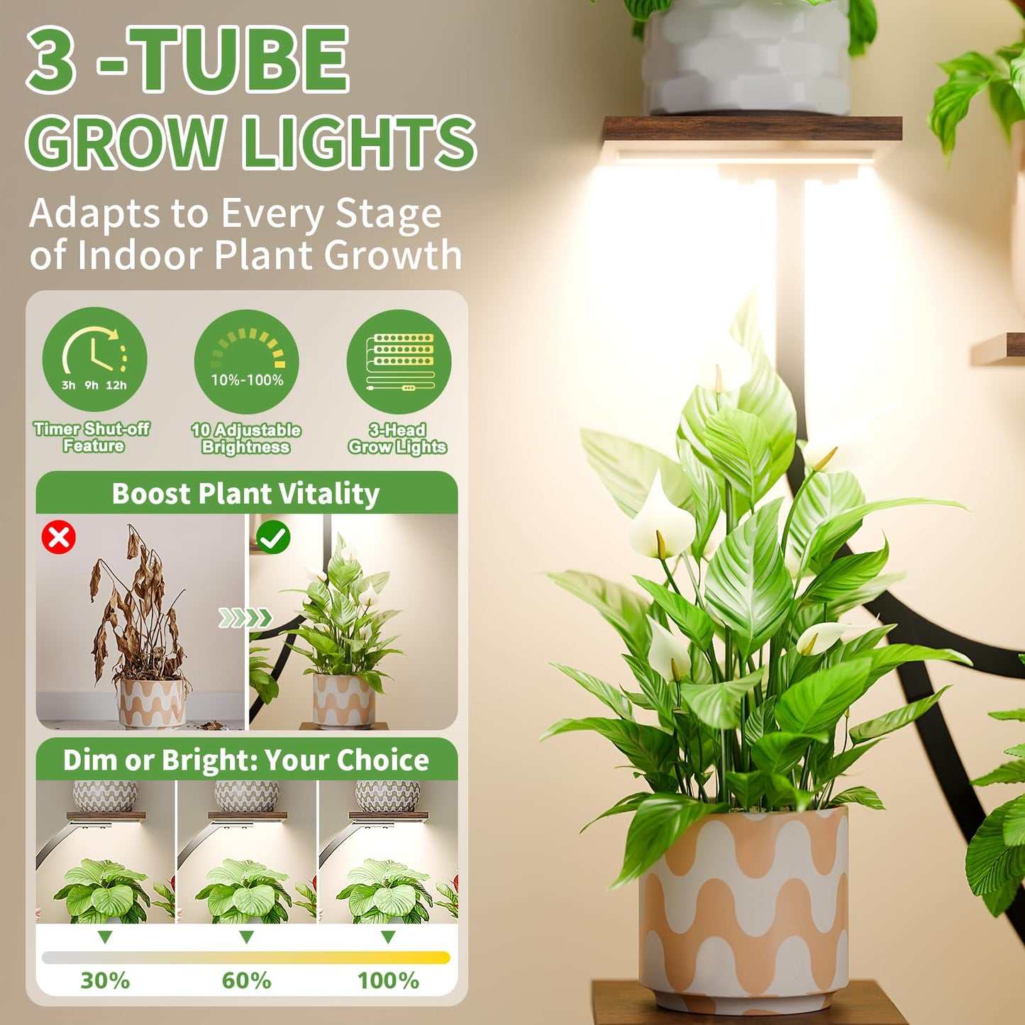 POZILAN Plant Stand with Grow Light - 8 Tiered Corner Planter Stands for Indoor Plants Multiple, 51" Metal Lighted Plant Shelf Indoor with Grow Light
