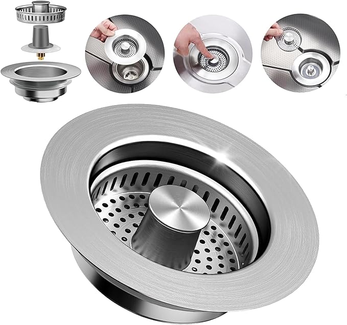 3-in-1 Kitchen Sink Drain Strainer Stopper – 304 Stainless Steel Pop Up Sink