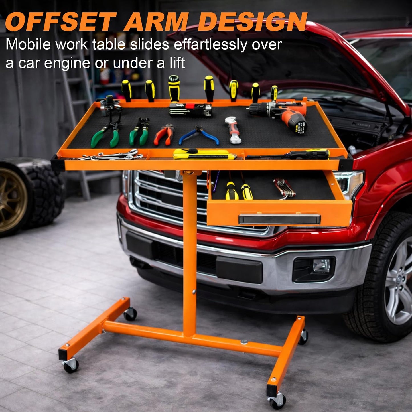 A A IN LT018 Heavy Duty Adjustable Work Table with Drawers, Rolling Tool Tray on Wheels of 220lbs Capacity, Mobile Service Tray for Mechanic