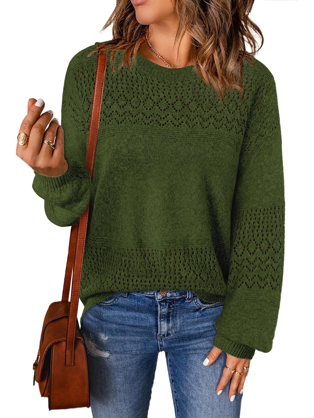 Lylinan Womens Sweaters Casual Boho Long Sleeve Shirts Crewneck Lightweight Crochet Tops Pullover Knit Sweater