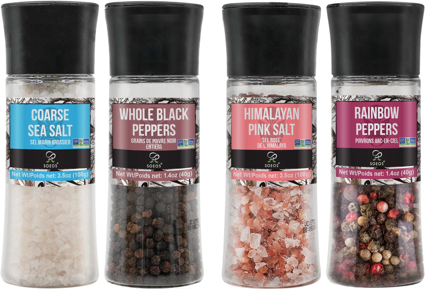 Soeos Spice Seasoning Set of 4, 9.8oz(277.82g), With Integrated Grinders, Salt and Pepper Grinder Set, Pure and Fresh Perfect for BBQ Seasoning Gift Set, Grilling Spice, Herb, Spice & Seasoning Gifts
