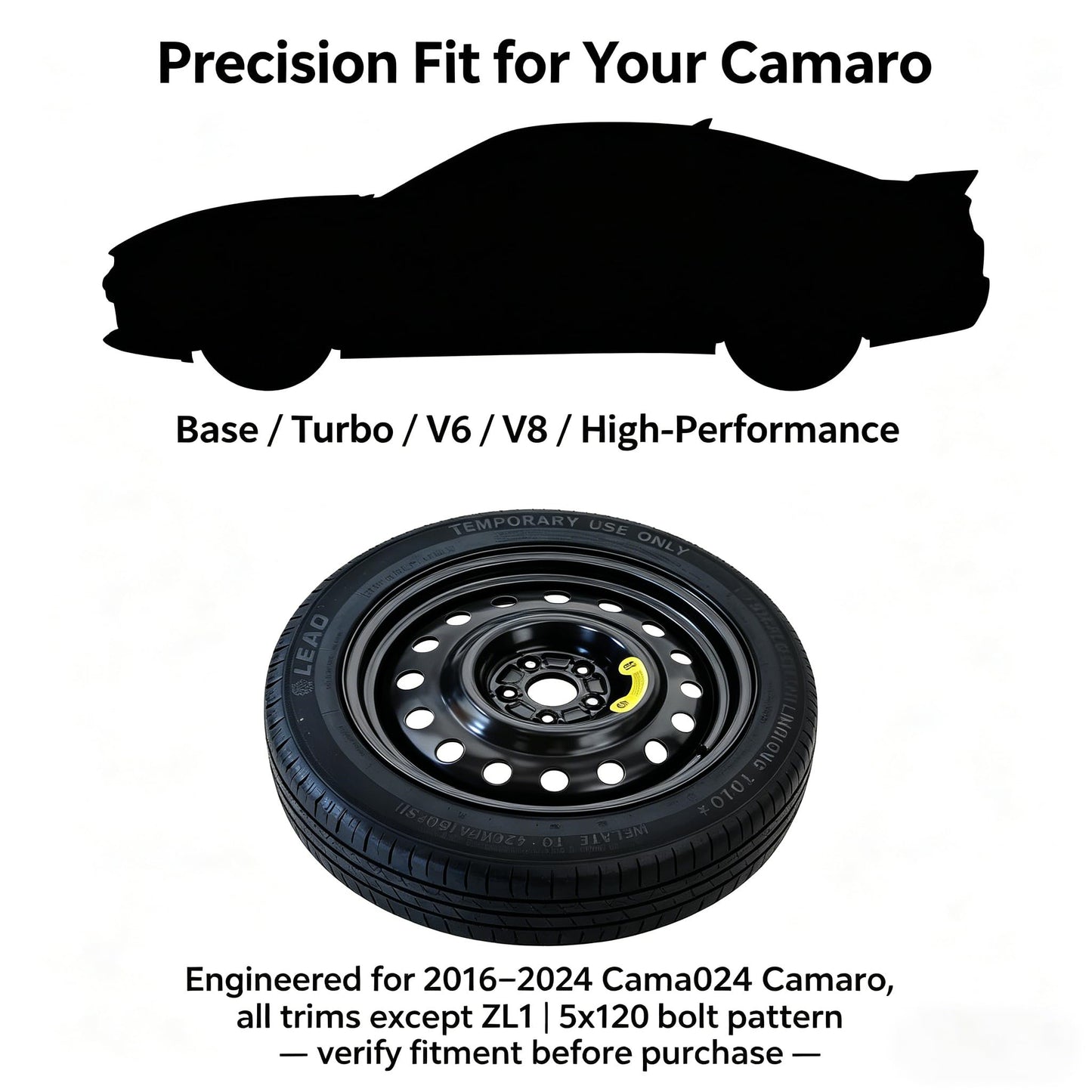 Spare Tire Kit Compatible with Chevrolet Camaro 2016-2024 | 135/80R18 Spare Wheel on 18x4 Rim| 26.5" Rolling Diameter | Includes Car Jack Kit & Tire Carrying Case Excluding (SS,LT1, ZL1, 1LE) Models