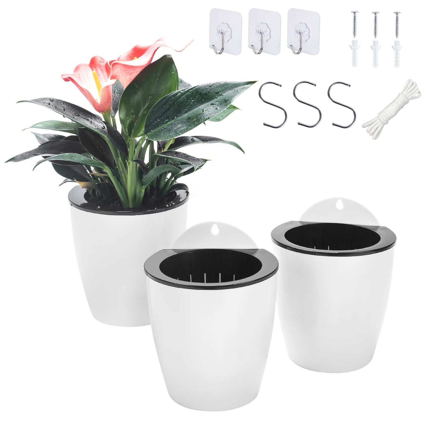 3 Pack Self Watering Wall Hanging Planter Pots Vertical Garden Window Hang Mount Indoor Outdoor Plant Flower Basket for Kitchen Herbs Balcony Railing Shelf Fence Bedroom Trellis Decor Modern White Box