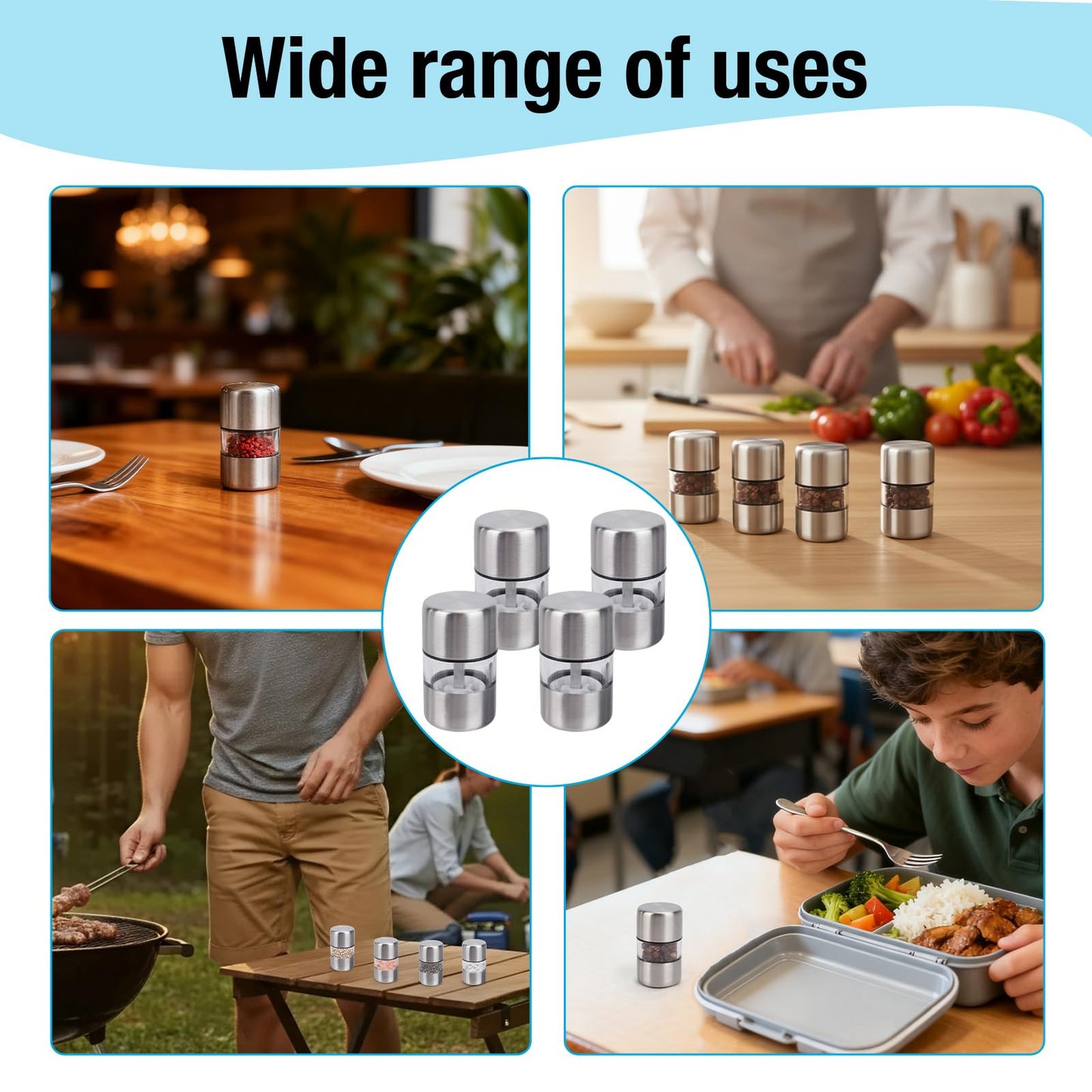 WRENYZK 4pcs Mini Salt and Pepper Grinder Set, Portable Travel Salt and Pepper Sets with Scoop of Bag Clip and Cleaning Brush, Refillable Spice Mill Stainless Steel Grinder for Home Kitchen BBQ