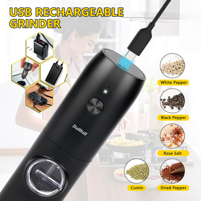 Dallfoll Electric Salt and Pepper Grinder, Rechargeable Salt and Pepper Mills with LED Light, Adjustable Grind Coarseness