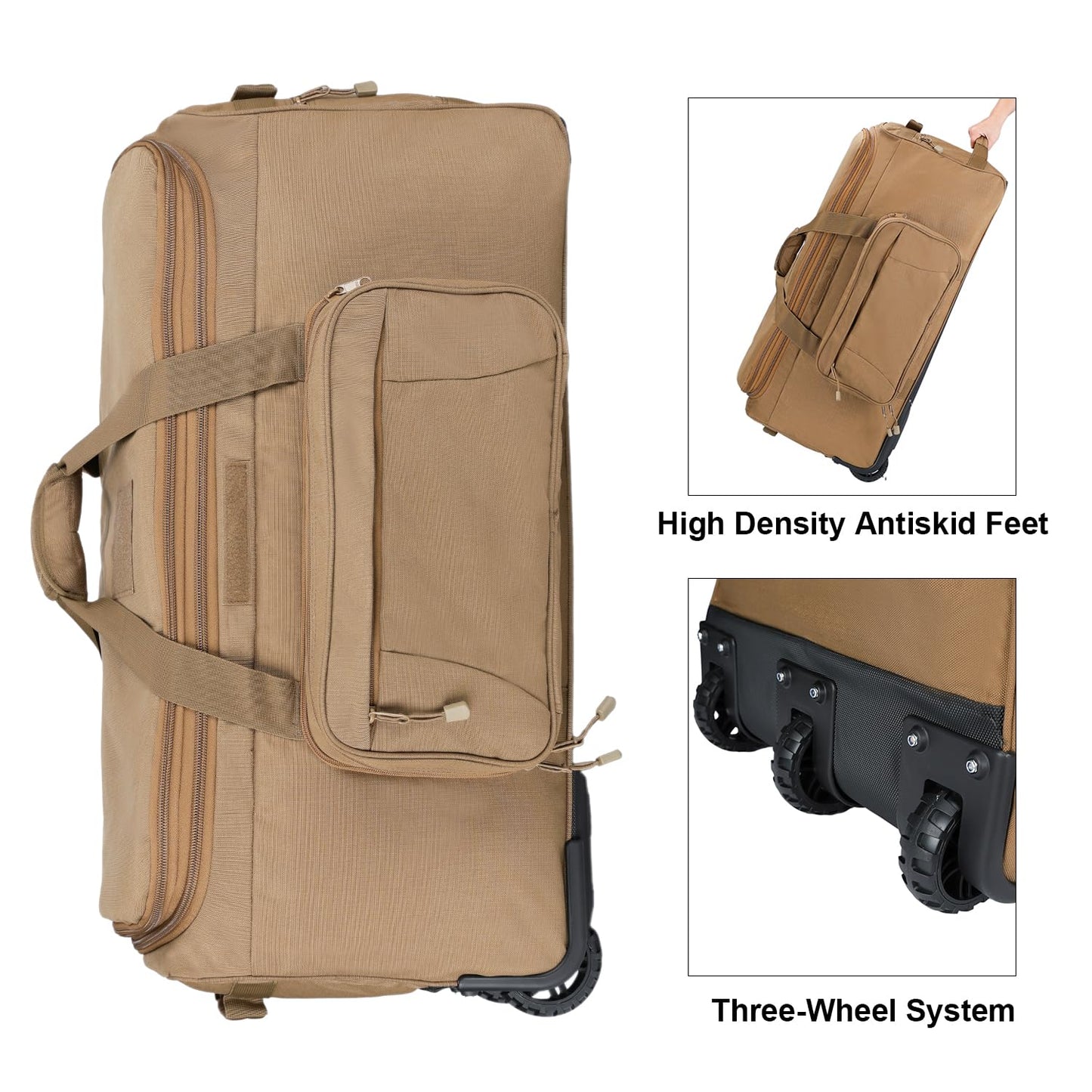 Military Wheeled Deployment Bag Large Tactical Heavy Duty Duffel Bag for Camping Hiking (Tan)