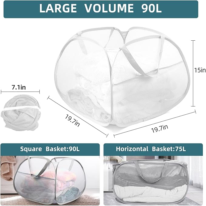 2 Pack Collapsible Laundry Baskets, 90L Large Foldable Laundry Basket, Durable