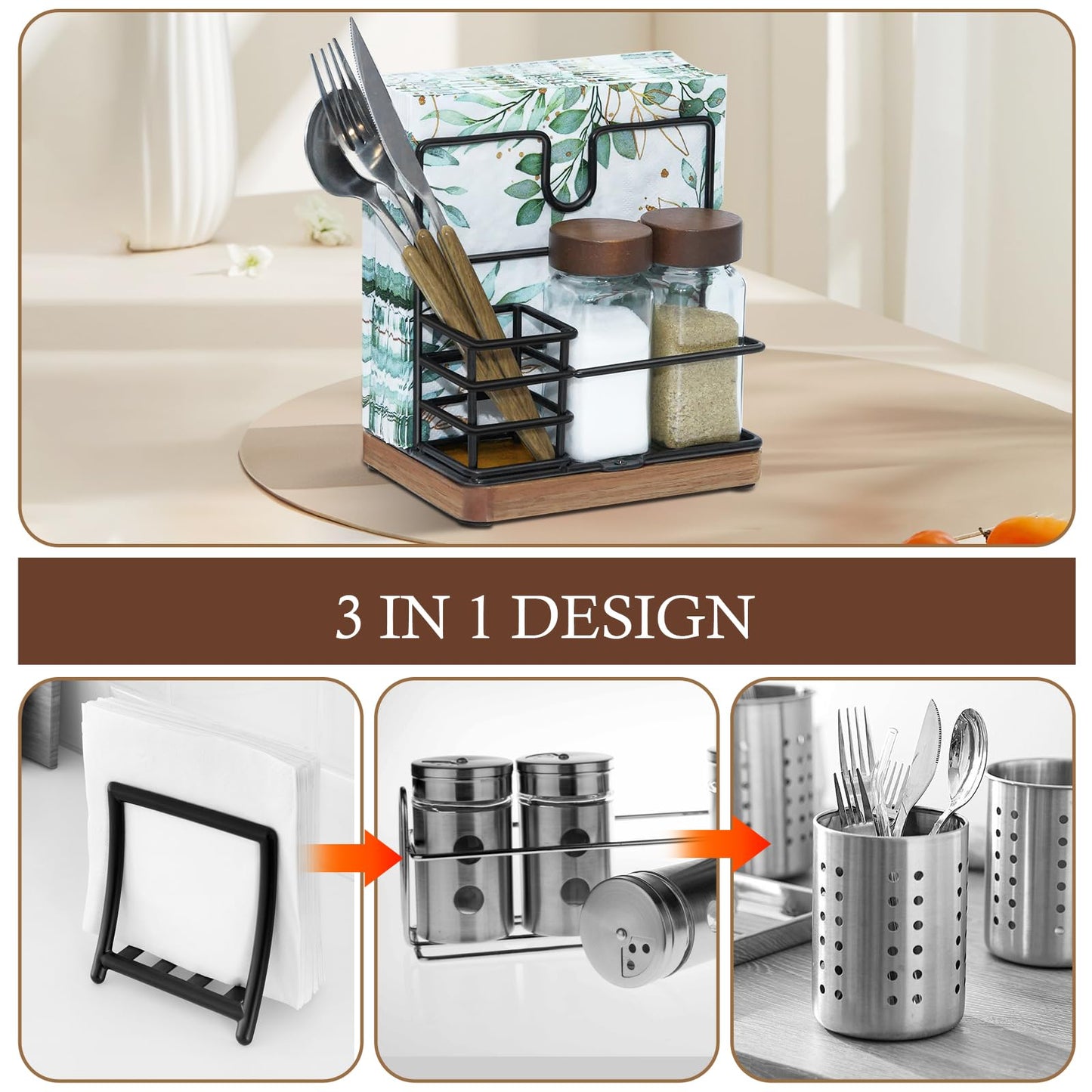 Napkin Holder for Table, Standing Napkin Holder with Salt and Pepper Shakers, Acacia Wood Base, Iron Build, for Kitchen, Dining Room, Outdoor Use（Fork and knife not included）