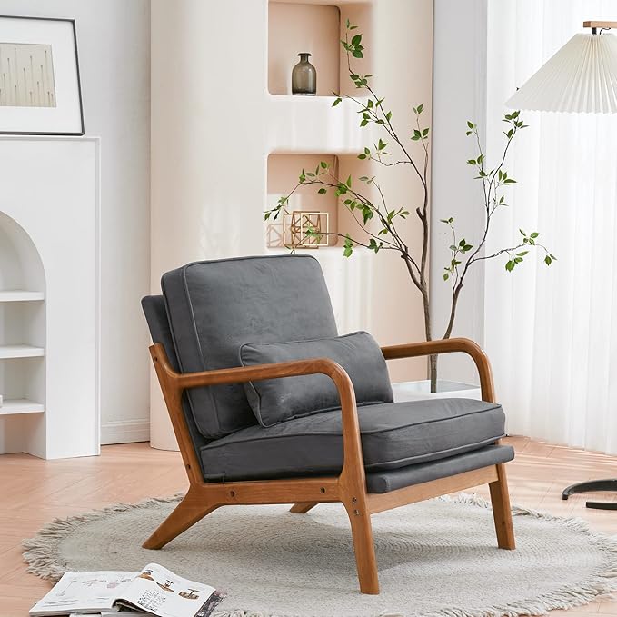 Bonnlo Microfiber Dark Grey Mid Century Modern Accent Chair, Soild Wood Padding