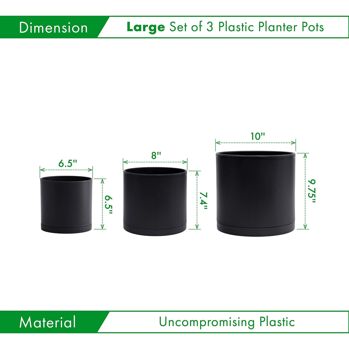 D'vine Dev 6.5 Inch 8 Inch 10 Inch, Set of 3 Plastic Planter Pots for Plants with Drainage Hole and Seamless Saucers, Black Color, Large, 74-V-B-4