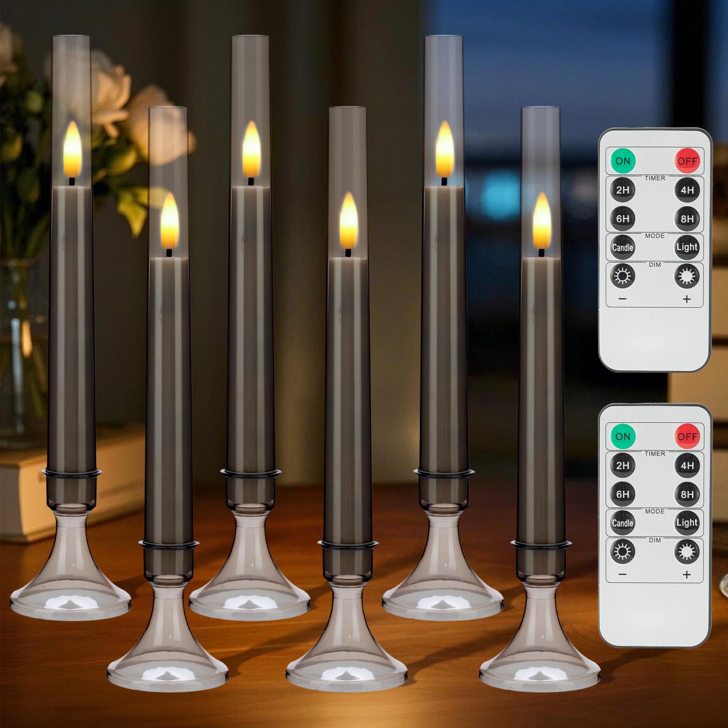 SEHNSY Flameless Taper Candles with Remote and Timer, Battery Operated Window Candles, 6 Pack LED Acrylic Candlesticks with Holders for Home Decor, Christmas Window Decor
