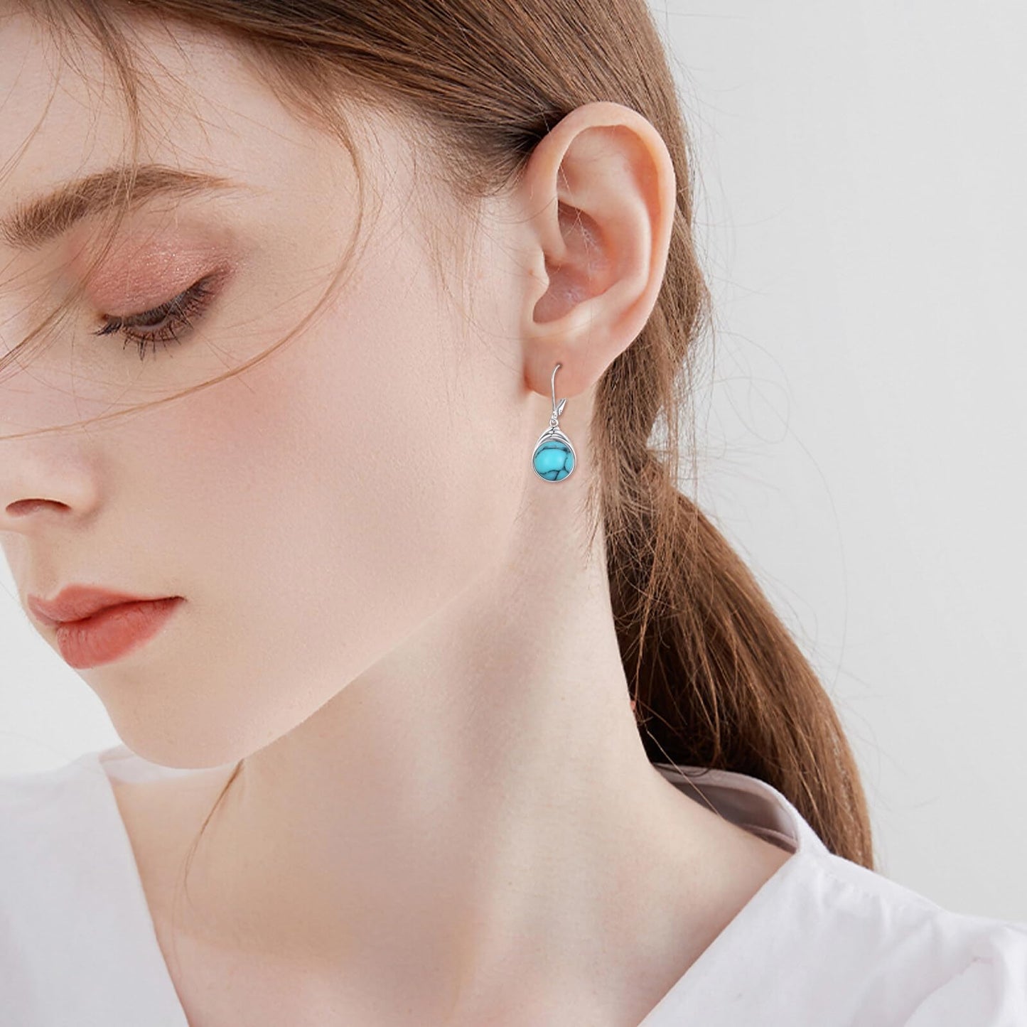 POPLYKE Turquoise Sterling Silver Round Turquoise Leverback Dangle Earrings