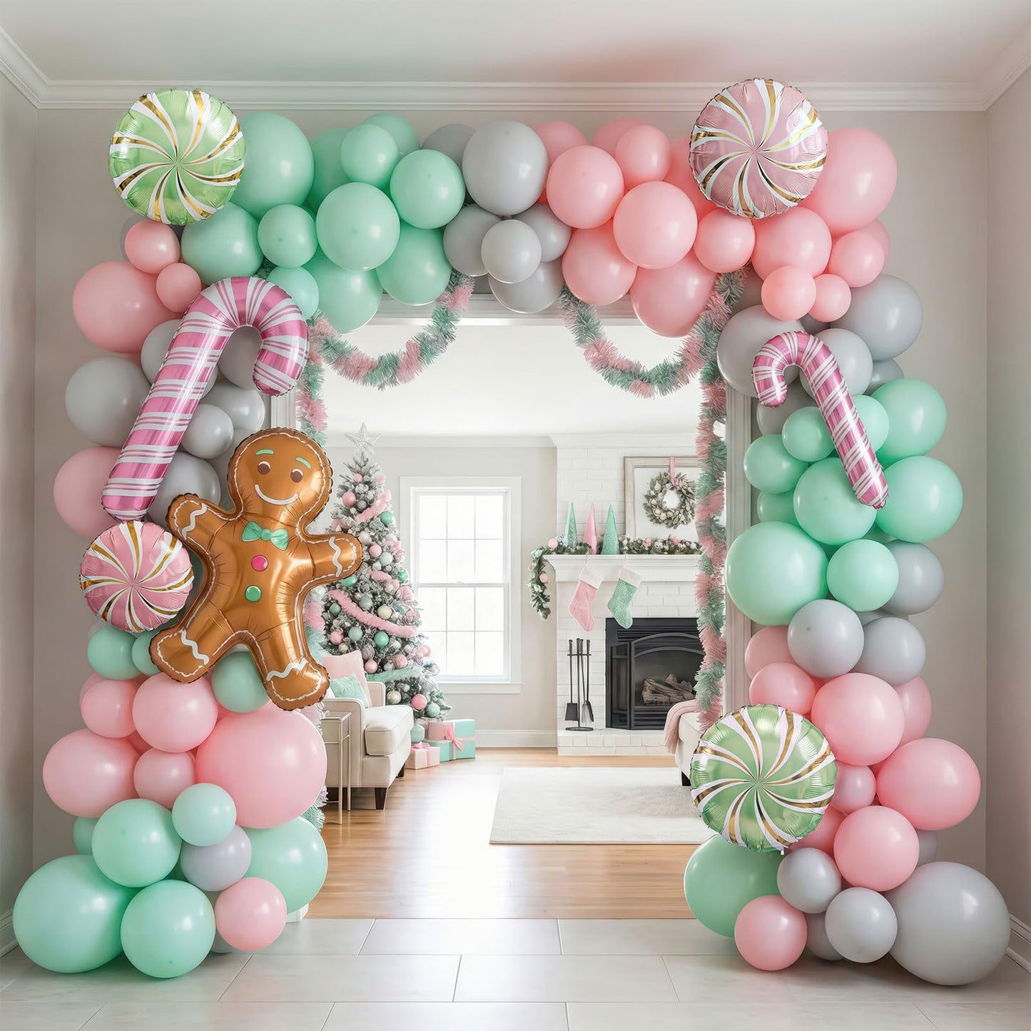 Christmas Balloon Garland Arch kit green pink balloon with Gingerbread Balloon Cane Candy Foil Balloons for friendsmas Party Decorations Xmas New Year cookie Birthday Party Supplies globos de navidad