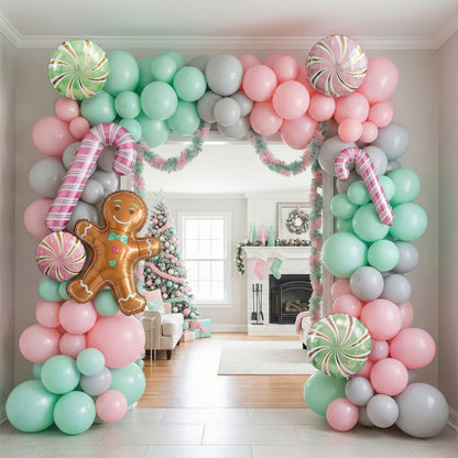 Christmas Balloon Garland Arch kit green pink balloon with Gingerbread Balloon Cane Candy Foil Balloons for friendsmas Party Decorations Xmas New Year cookie Birthday Party Supplies globos de navidad