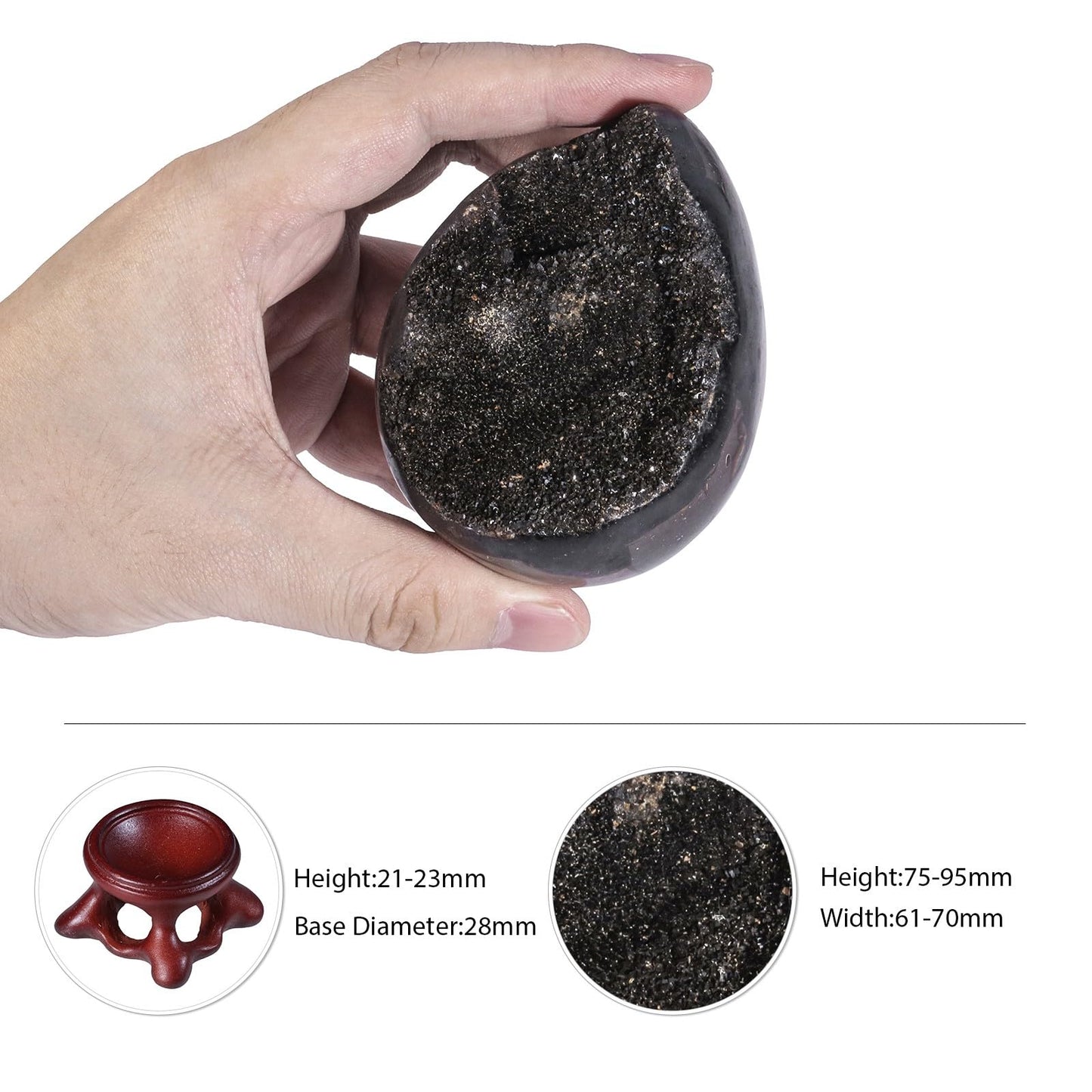 TUMBEELLUWA 75-95 mm Black Crystal Egg with Display Stand, Natural Septarian Dragon Stone Crystal Geode Cluster Gemstone Eggs Figurine Collectibles for Home Table Decor