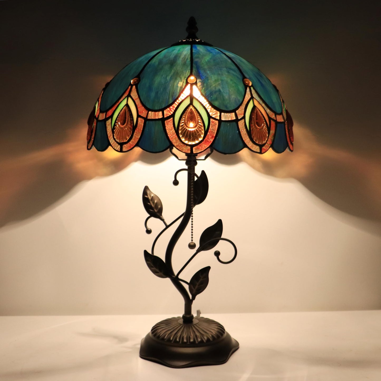 HWDFEI Tiffany Table Lamp, Stained Glass Style Desk Lamp, 12X12X19 Inch,Bedside Reading Light, Metal Leaf Base（Peacock Crystal Style