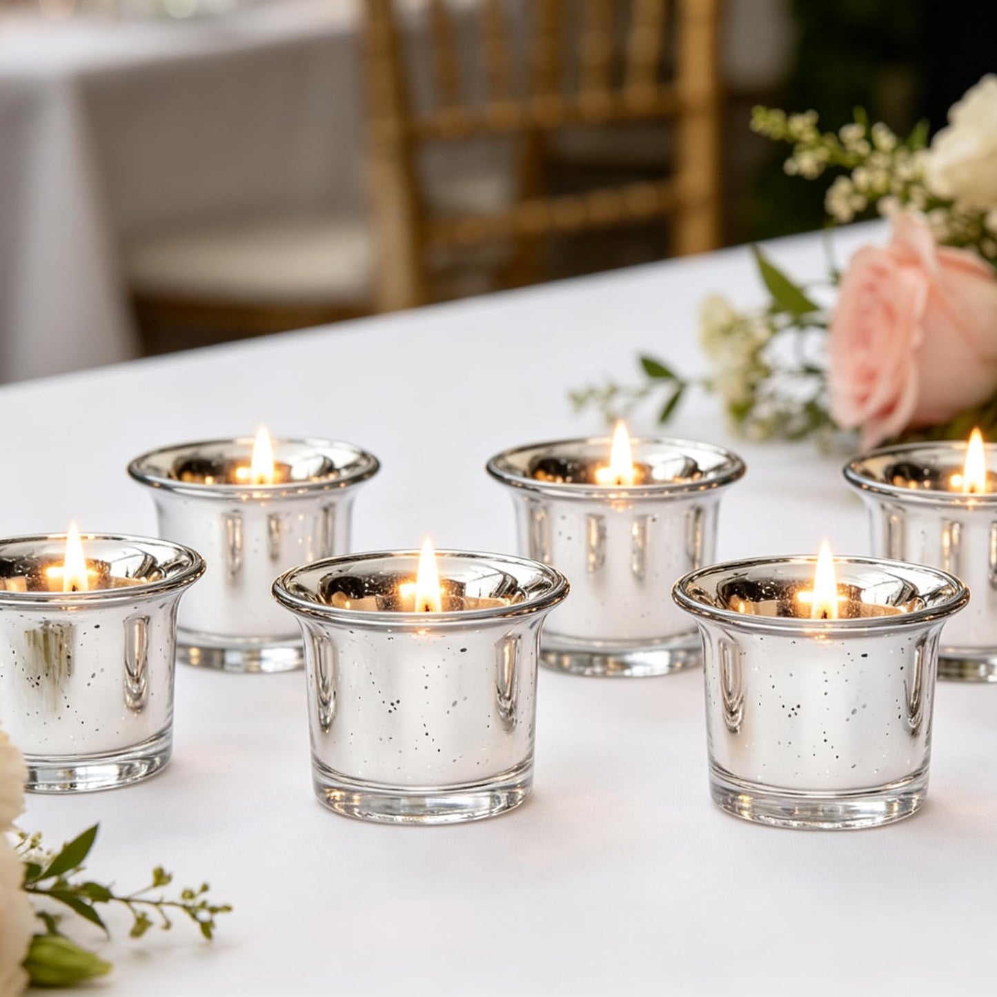 Hosley Set of 6 Metallic/Antique Finish Glass Candle Tealight Holders. Ideal Gift for Wedding Bridal Party Reiki LED Votive Tea Light Gardens O4 (Antique Silver)