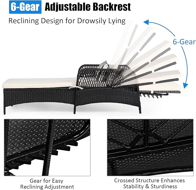 COSTWAY PE Rattan Chaise Lounge Chair Armrest Recliner Adjustable Pillow Black