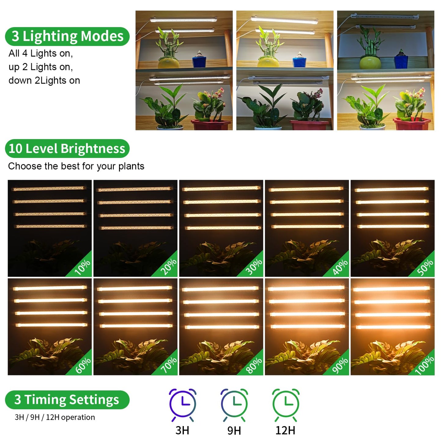 RWNTAO LED Plant Growing Lamp, 3500K Full Spectrum Grow Light Strips for Indoor Plants with 3/9/12H Timer & 10 Dimmable Levels, Led Growth Light for Green House Hydroponics Succulent 13In 4Head