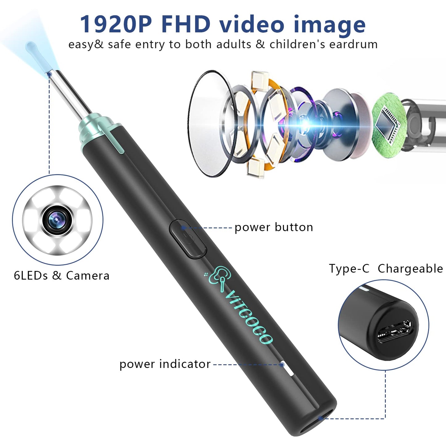 VITCOCO Ear Wax Removal Kit Ear Camera 1920P FHD Wireless Ear Cleaner Ear Wax Remover with 8 PCS Ear Spoon, 3.9mm Waterproof Ear Wax Removal Kit for iPhone, Ipad & Android Smart Phones, Black
