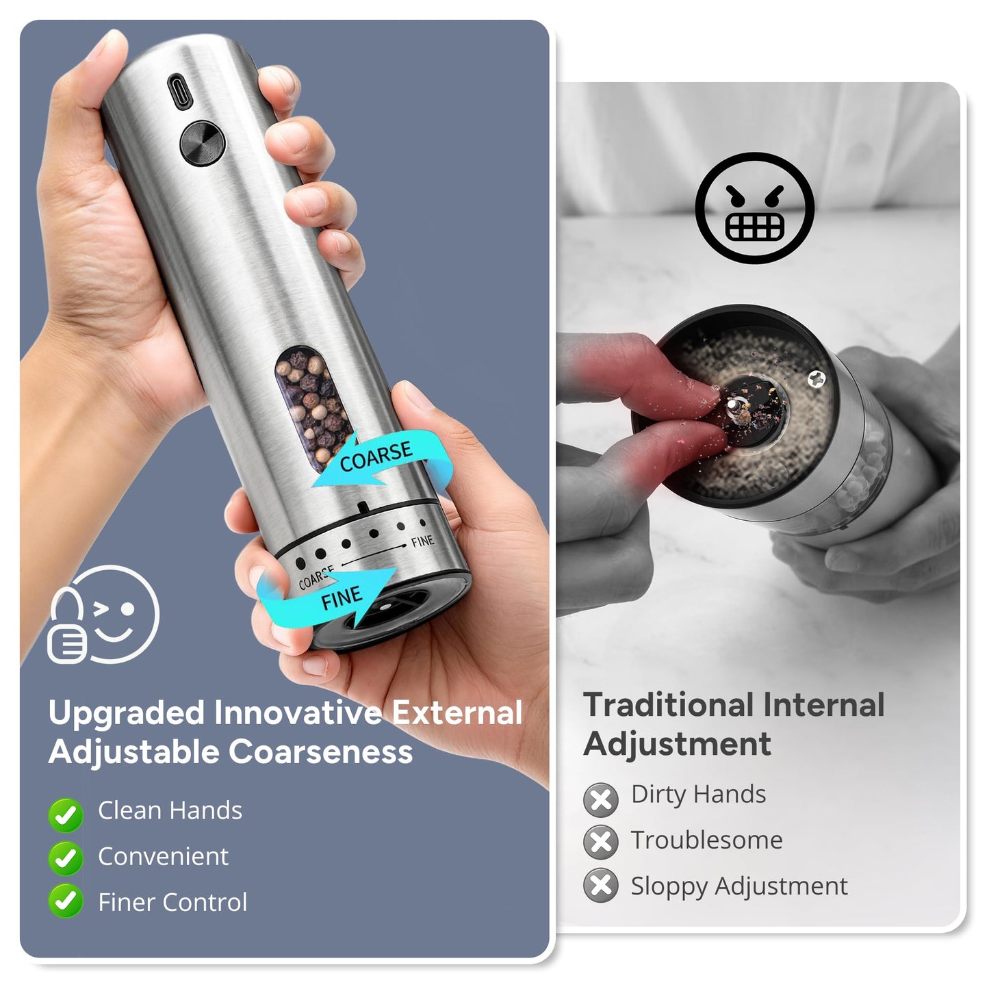 Rechargeable Electric Salt and Pepper Grinder Set with 6 Adjustable Coarseness, Large Capacity, LED Light, Stainless Steel Automatic Pepper Mill - BBQ Accessories, Cooking Gift for Dad, Men Women
