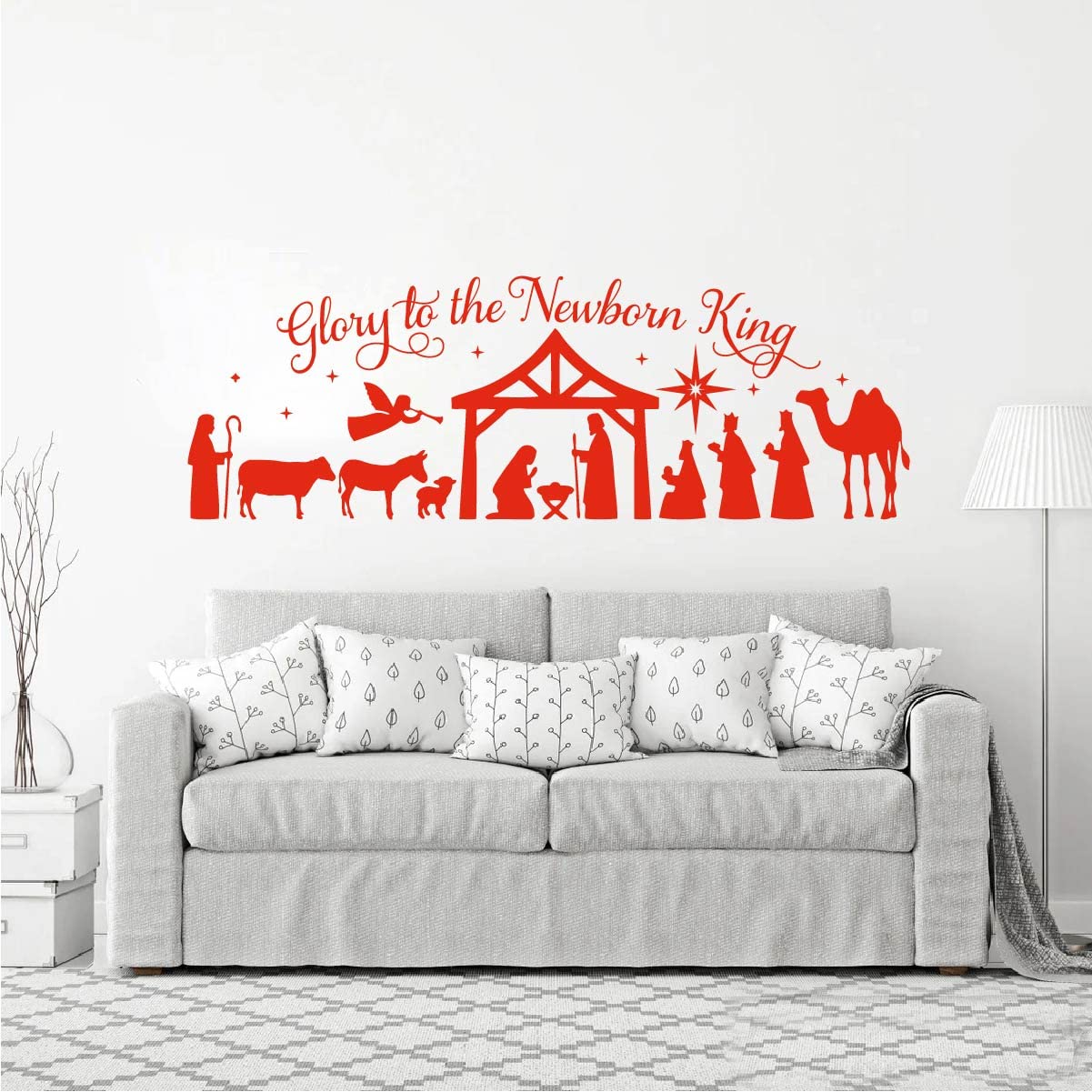 Merry Christmas Wall Stickers Glory to The Newborn King Nativity Scene DIY Christmas Holiday Decoration LL2421 (Red)
