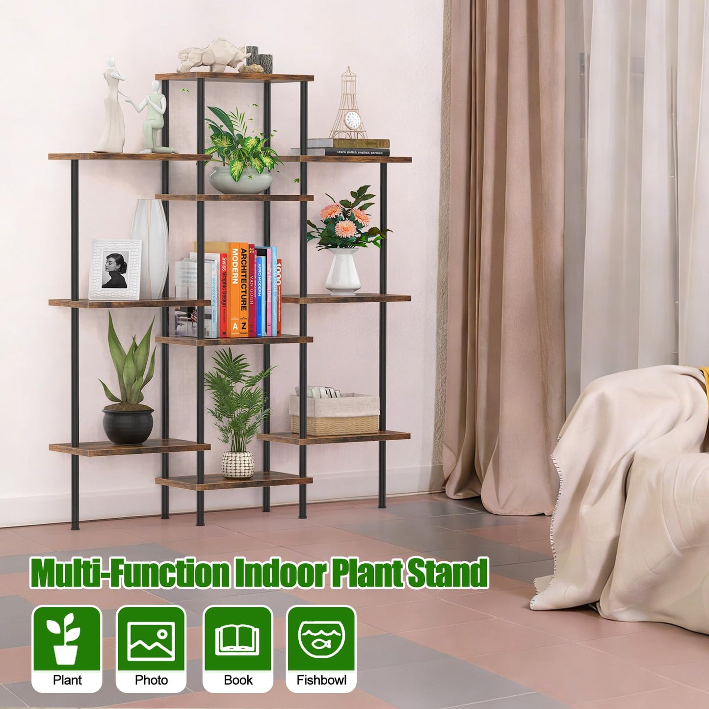 KANEODOT 42" Tall Plant Stand,4-Tier Heavy Duty Plant Shelf,Small Plant Stand Indoor and Outdoor,Living Room,Balcony,Home Office,37''L x 7.8''W x 42''H,Rustic Brown