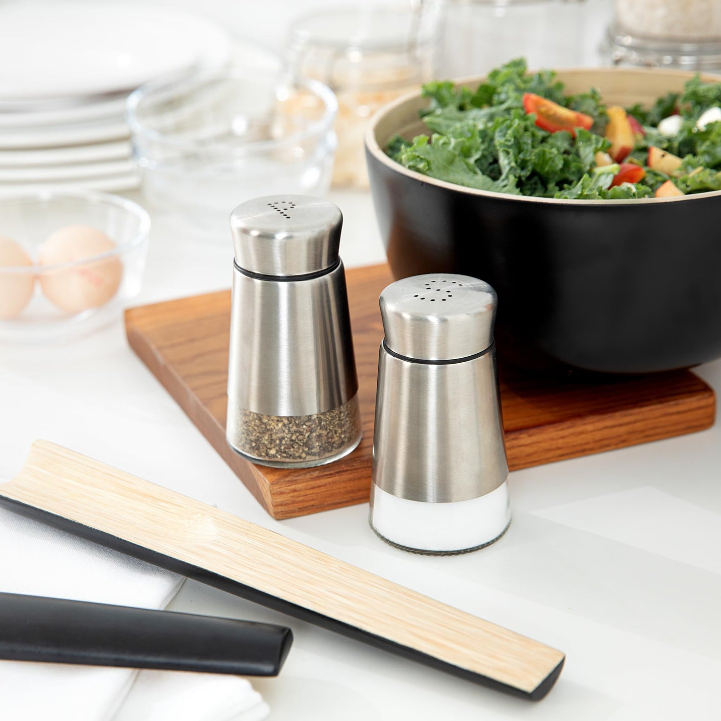 Restaurantware-Met Lux 2 Ounce Salt And Pepper Dispensers, 1 Refillable Salt And Pepper Shaker Set - "S" And "P" Pour Holes, Clear Glass Bottom, Stainless Steel Spice Dispensers, With Screwable Lid