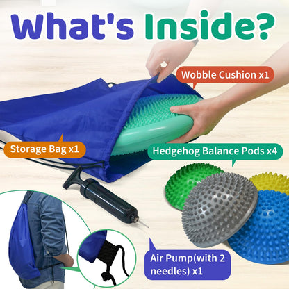 Wobble Cushion Set for Core Body Balance Training - Wiggle Disc Plus 4 Hedgehog Balance Pods and Pump, Inflatable Stepping Pads for Adults（Teal）