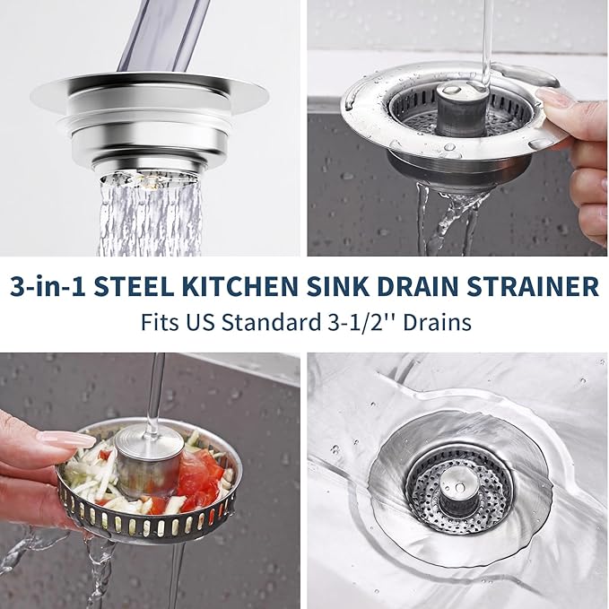 3-in-1 Kitchen Sink Drain Strainer Stopper – 304 Stainless Steel Pop Up Sink