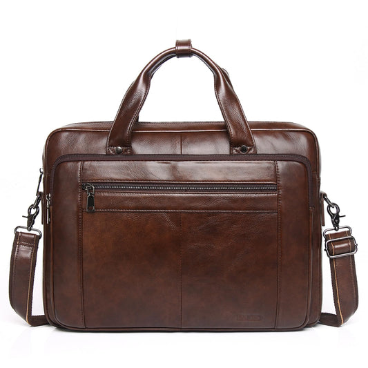 BAIGIO Real Leather Briefcase for Men with 15.6 inch Laptop Compartment, Large Over Shoulder Bag Mens Vintage Work Handbag Functional Cross Body Messenger for Business Office Travel, Coffee Brown