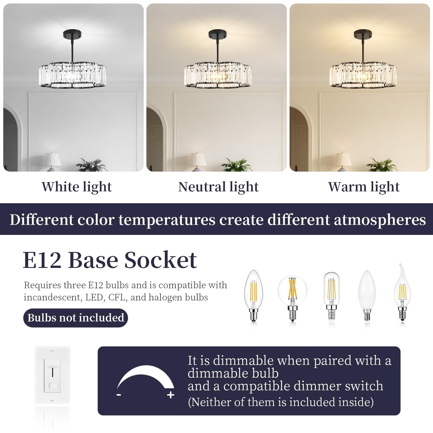 etiruety Modern Black Crystal Semi Flush Mount Ceiling Light Fixtures 16 in