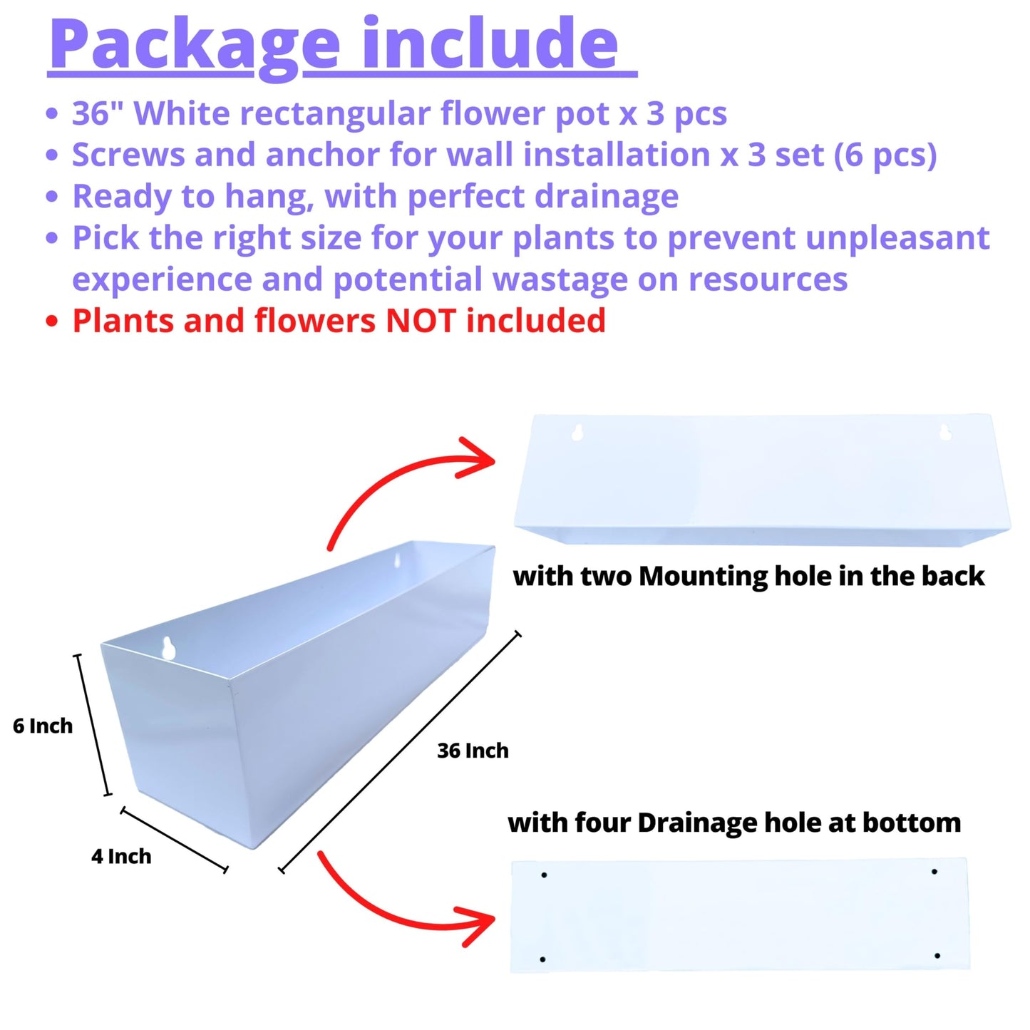 LaLaGreen Wall Planters for Outdoor Plants (36 Inch, 3 Pack) White Carbon Steel Metal Hanging Flower Pots, Long Rectangular Wall Mount Window Box Planters for Succulents, Fence, Deck Home Garden Decor