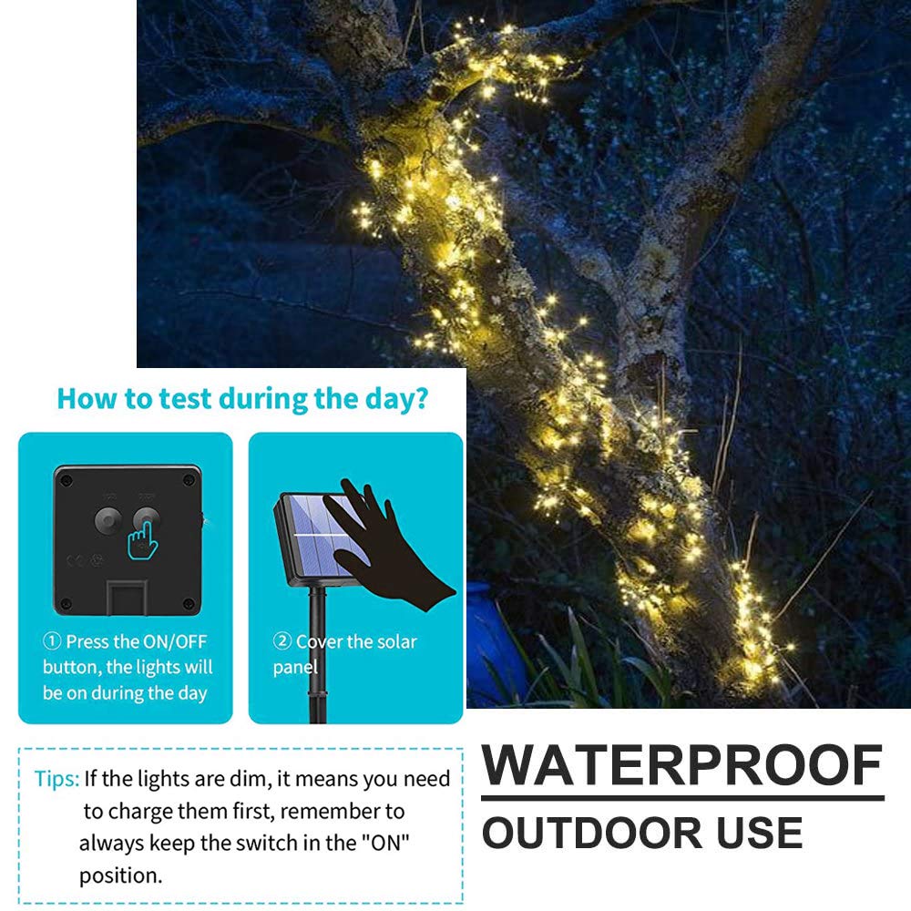 Soltuus Solar Powered Fairy Lights, 180 LEDs Multi Strand String Lights for Watering Can Outdoor, Waterproof Solar Waterfall Lights, Warm White Firefly Bunch Lights