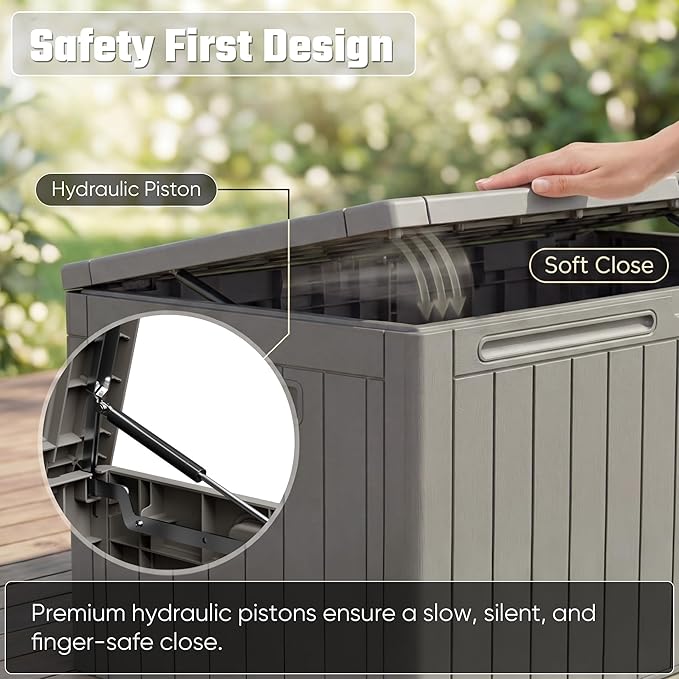 Greesum 110 Gallon Outdoor Storage Box with Lockable Lid, All-Weather Solution for Patio Furniture, Pool Supplies & Garden Tools, Waterproof, UV-Resistant Large Deck Box, Light Coffee
