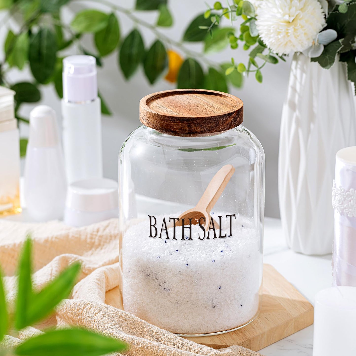SiliFine 2 Sets 74 oz Glass Bath Salts Jar with Wooden Scoop and Lid, Bath Salt Container for Bathroom Organizers and Storage, Bathtub Accessories for Women Bathroom, Home Decor