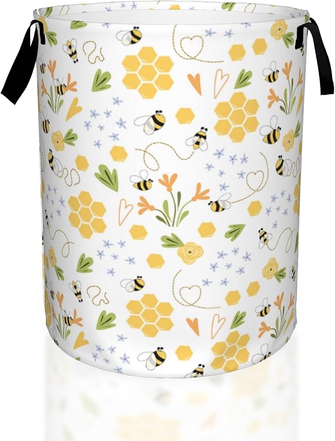 Bee Honey Flower Laundry Basket, Waterproof Foldable Laundry Hamper, Dirty