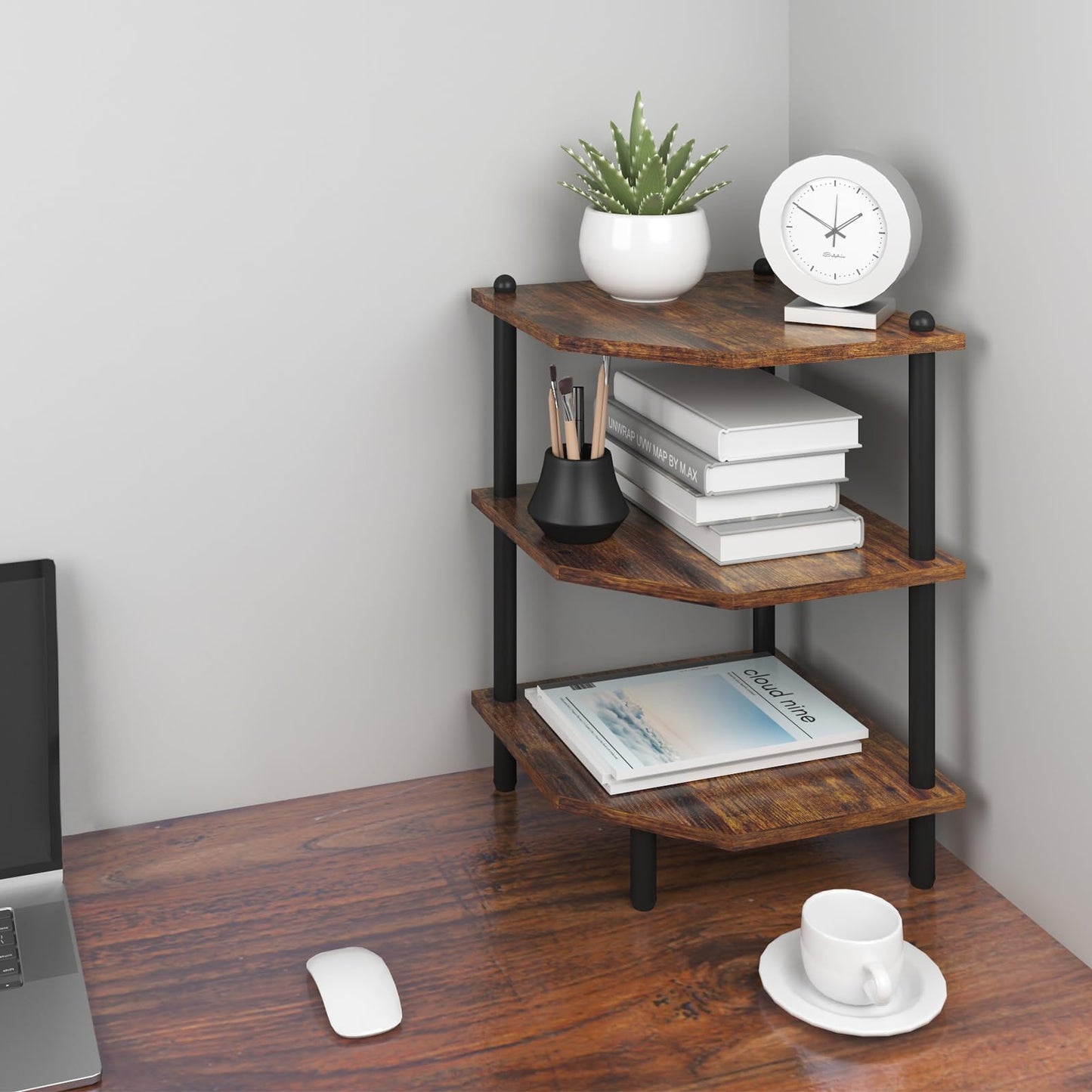 MOFAIN Desktop Corner Stand Shelf for Storage, 3 Tier Corner Shelf Organizer, Rustic Brown Rack for Small Spaces, Bedroom, Home Office, Kitchen, Bathroom