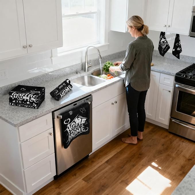Breling Set of 6 Kitchen Towels Modern Minimalist Dish Towel Black Bathroom