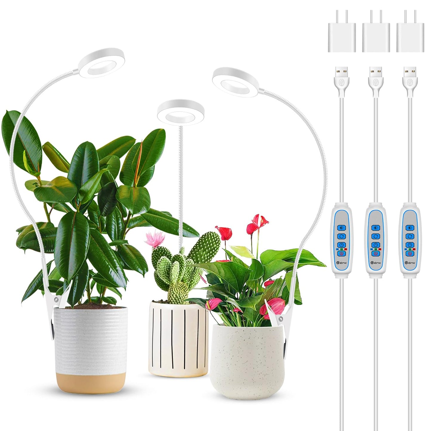 Xuligron Grow Lights for Indoor Plants, Full Spectrum Clip on Plant Lights for Indoor Growing, White Halo Grow Lamp 3 Pack with 360° Gooseneck, 6/12/16H Timer, 3 Light Modes, 5 Dimmable