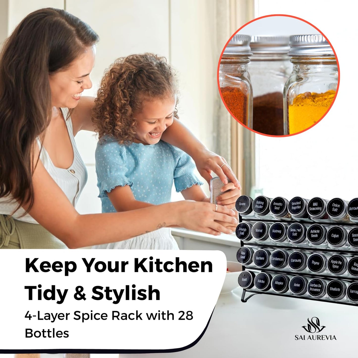 SAI AUREVIA - 28-Jar Spice Rack Organizer with 4-Tier Metal Stand | Complete Set with Glass Jars, Labels & Funnel | Space-Saving Kitchen Spice Storage (Wall or Countertop Mount)
